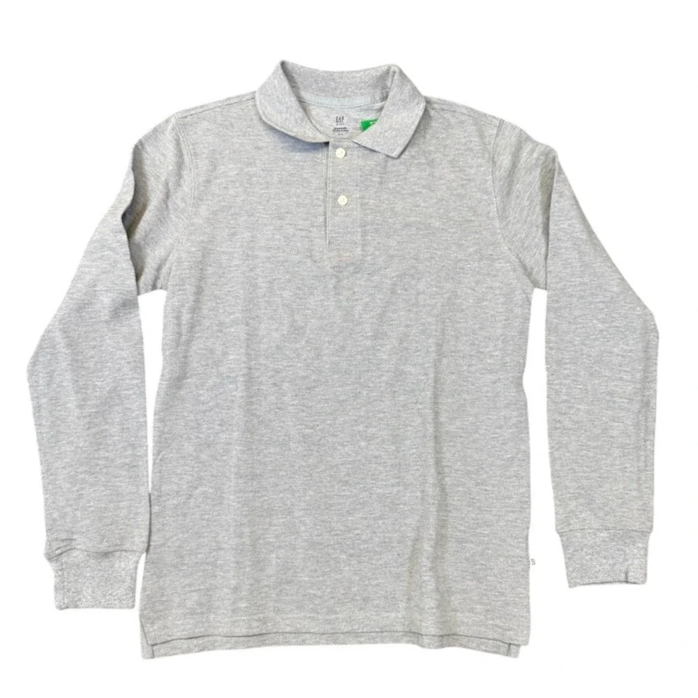 NWT Gap Kids Boys XXL 14-16 Grey Organic Cotton Long Sleeve Pique Polo Shirt NEW